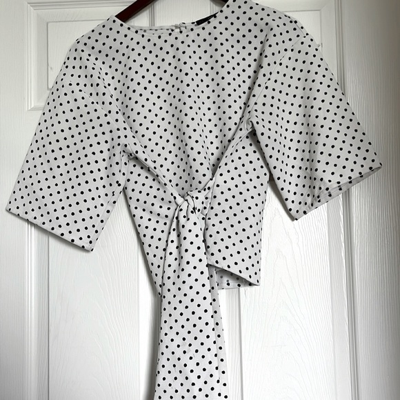 White and with black polka dots blouse with waist tie - Picture 1 of 2